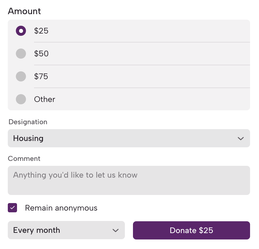 Screenshot of a donation form with options for donation amounts, designation, and recurring frequency.
